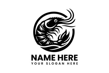 Shrimp logo: A striking black and white logo design featuring a shrimp in a circular frame, perfect for seafood businesses, restaurants, or culinary brands. A symbol of freshness, quality.