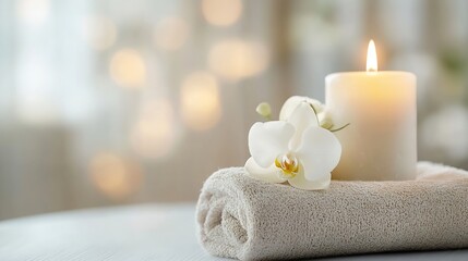 Tranquil Spa Setting with White Candle and Orchid Flower for Relaxation and Wellness : Generative AI