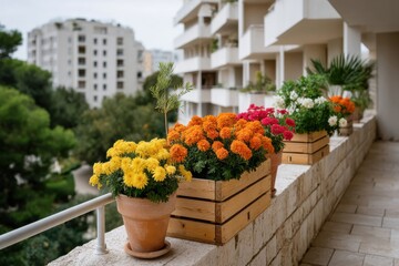 Fototapeta premium Colorful flower pots adorn a balcony in a modern apartment complex during a sunny day