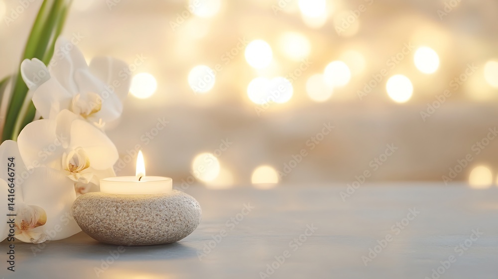 Fototapete calming spa setup featuring lit candle and white orchids on smooth stone surface against blurred lig