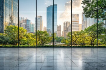 Fototapeta premium Office window view. City park between modern buildings. Urban setting with natural light