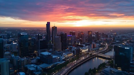 Vibrant city skyline during sunset with dramatic clouds and reflections on the river showcasing urban beauty : Generative AI