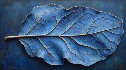 Obraz premium Blue Leaf with Gold Veins on Dark Background