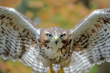 Obraz premium A sharp-eyed hawk with outstretched wings, ready to dive down on its prey.