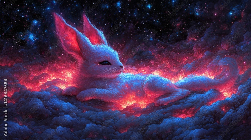 Wall mural astral realm artwork depicting a cosmic fox resting on clouds illuminated by nebulae under a starry 