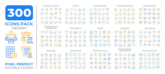 Business two color line icons set collection. Financial management strategy. Office workflow planning bicolor outline mega pack isolated, pixel perfect. Duotone thin lineart. Editable stroke