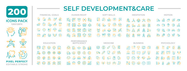 Self development and care two color line icons set collection. Mental and physical health. Personal improvement bicolor outline mega pack isolated, pixel perfect. Duotone thin lineart. Editable stroke
