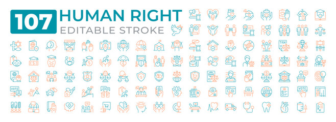 Human rights two color line icons set collection. Moral principles and norms regulated by laws. Legislation authority bicolor outline mega pack isolated. Duotone thin lineart. Editable stroke