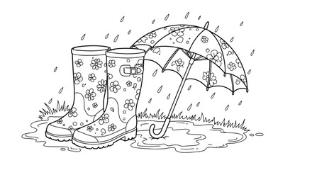 Floral Rain Boots Outline with Umbrella Puddles and Raindrops Springtime Coloring Page Weather Gear Art