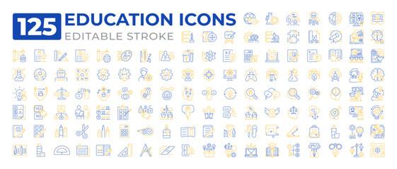 Education two color line icons set collection. Transmission of knowledge and skills. Studying and development process bicolor outline mega pack isolated. Duotone thin lineart. Editable stroke