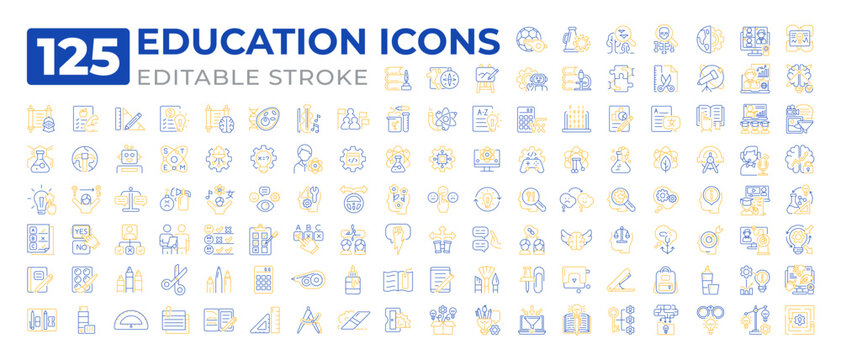 Education two color line icons set collection. Transmission of knowledge and skills. Studying and development process bicolor outline mega pack isolated. Duotone thin lineart. Editable stroke