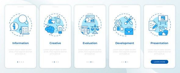 Value engineering onboarding mobile app screen. Workflow organization. Walkthrough 5 steps editable graphic instructions with linear concepts. UI, UX, GUI. Montserrat SemiBold, Regular fonts used