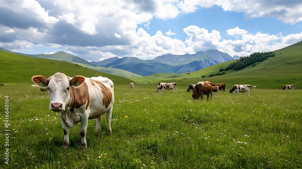 Poster cows grazing in a lush green field against a mountainous landscape under a cloudy sky : generative a
