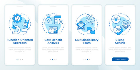 Value engineering techniques onboarding mobile app screen. Walkthrough 4 steps editable graphic instructions with linear concepts. UI, UX, GUI. Montserrat SemiBold, Regular fonts used