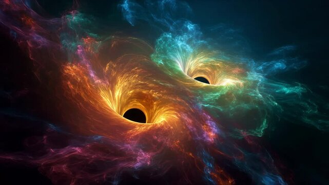 Two glowing black holes spiral into each other in colorful interstellar clouds