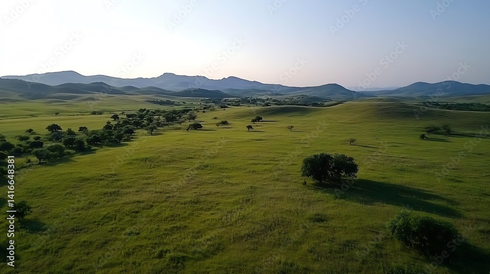 Poster expansive green landscape with rolling hills and scenic mountains in the distance : generative ai