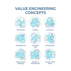 Value engineering soft blue concept icons. Data analysis, statistical metrics. Workflow organization. Icon pack. Vector images. Round shape illustrations for infographic. Abstract idea