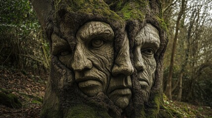 Carved faces emerging from a mossy tree trunk.