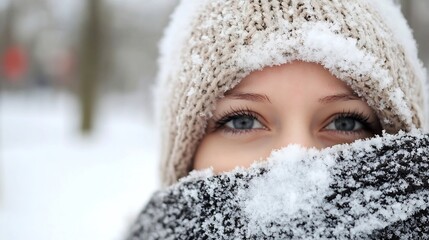 Close Up of Young Woman's Eyes and Face Covered with Snow During Winter Season : Generative AI