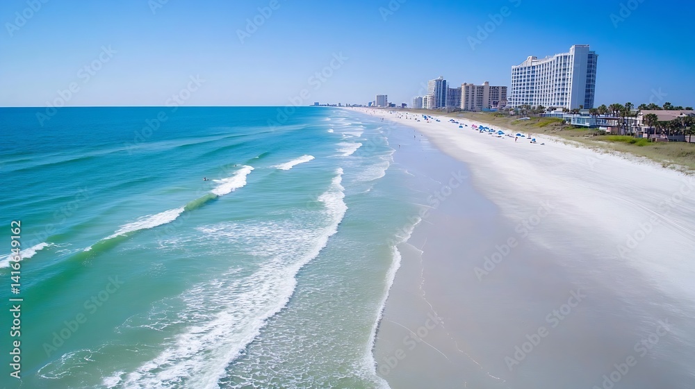 Aufkleber beautiful coastal view of a serene beach with calm waves and modern skyline : generative ai