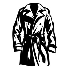 Black and white graphic illustration of a stylish belted trench coat