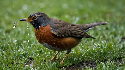  American robin an American robin hops along a wet lawn, listening with practiced stillness