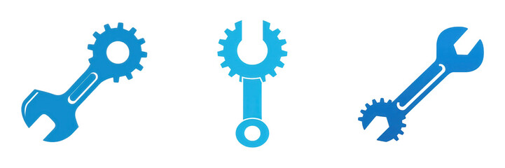 Three distinct blue mechanical tools arranged in a row, showcasing a wrench, a gear, and a spanner, ideal for industrial design and engineering contexts isolated on white or transparent png