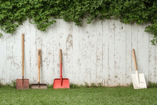 Gardening tools lined up against a rustic wooden fence in a well-kept garden during the early morning