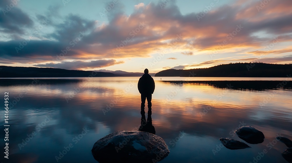 Poster silhouette of a person standing by a calm lake at sunset with colorful sky reflected in the water : 