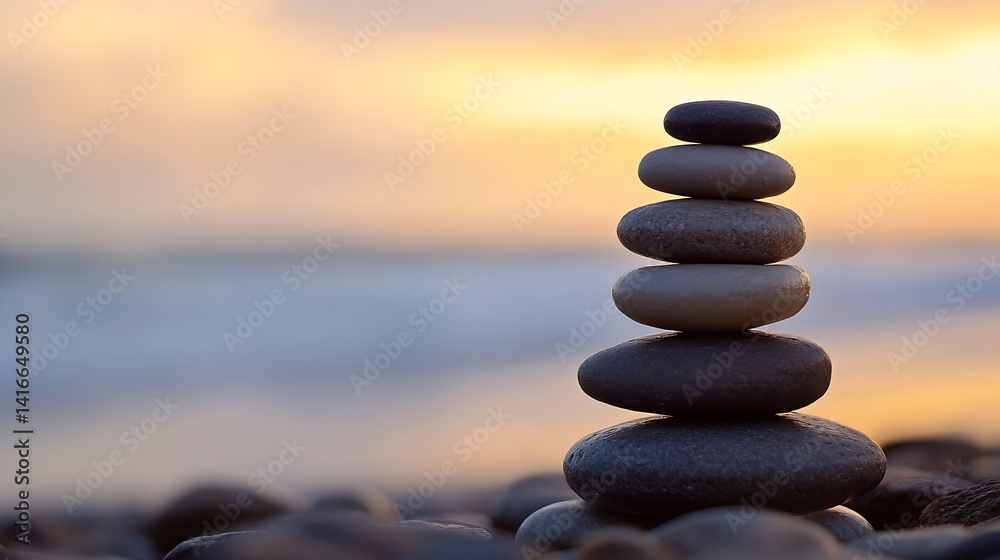 Poster serene stacked pebbles by the seashore at sunset enhancing calmness and tranquility : generative ai
