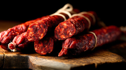 Ultra Realistic Display of Raw Spanish Chorizo Links on Rustic Wooden Surface