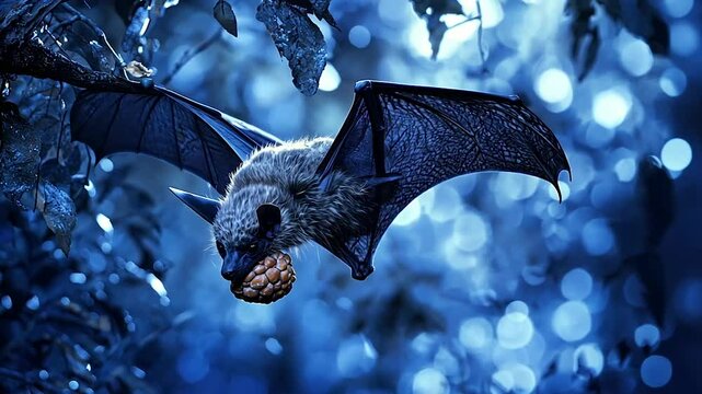 Nocturnal bat clinging to a tree branch, holding a fruit