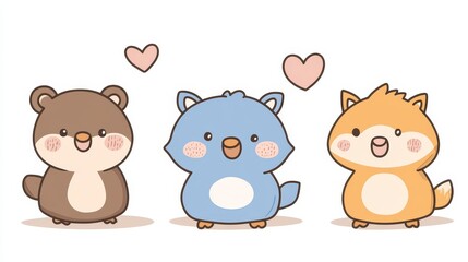 Obraz premium Adorable trio of pixelated animals expressing affection with floating hearts embodying kawaii and friendship adding charm and warmth to any design project