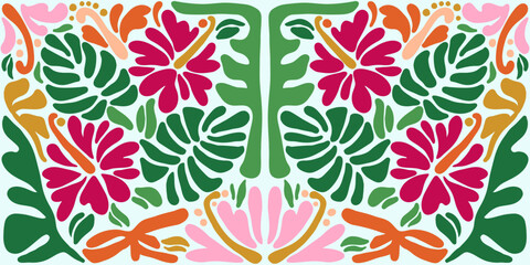 Tropical Mid-Century Modern Seamless Floral Pattern with Hibiscus and Monstera Leaves