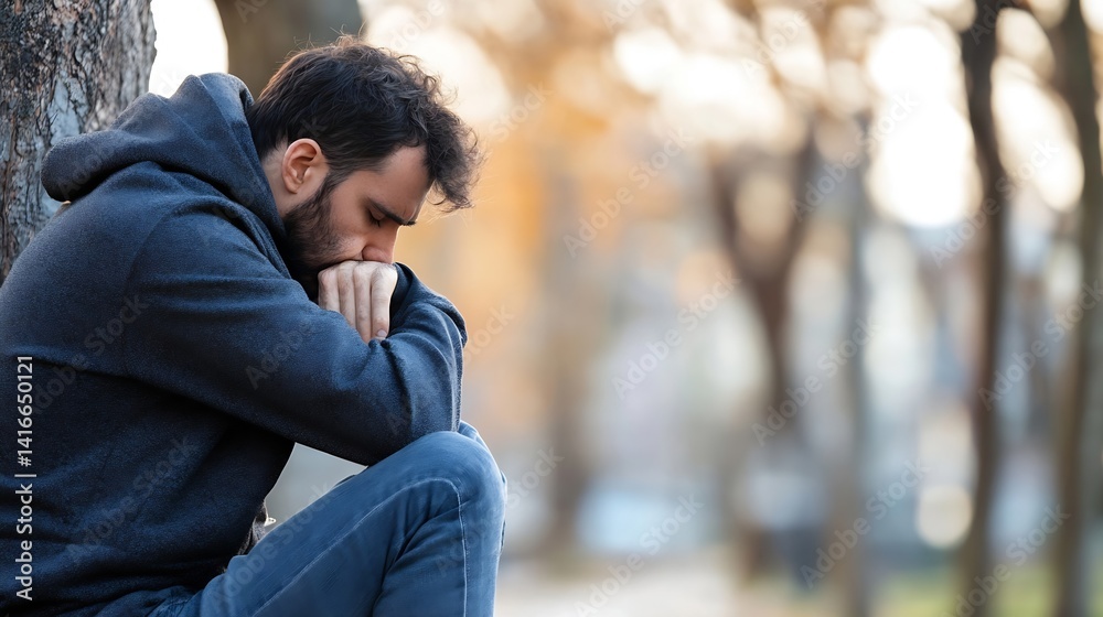 Poster man in gray hoodie sitting alone in park with pensive expression on a sunny day : generative ai