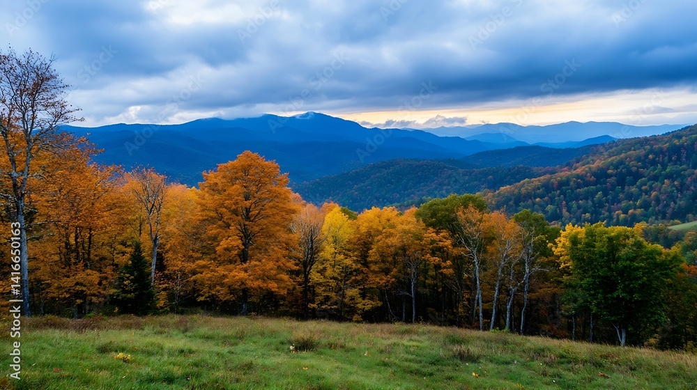 Aufkleber stunning autumn landscape with colorful trees and mountain view under dramatic sky : generative ai