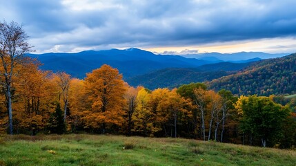 Fototapeta premium Stunning autumn landscape with colorful trees and mountain view under dramatic sky : Generative AI