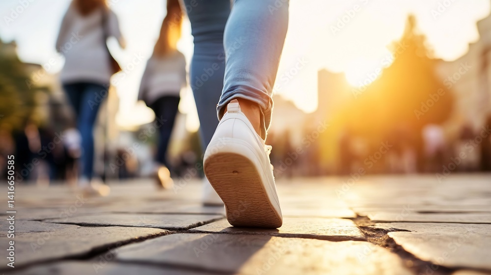 Poster Close Up of Person Walking on Cobblestone Pathway at Sunset with Backlit Figures : Generative AI
