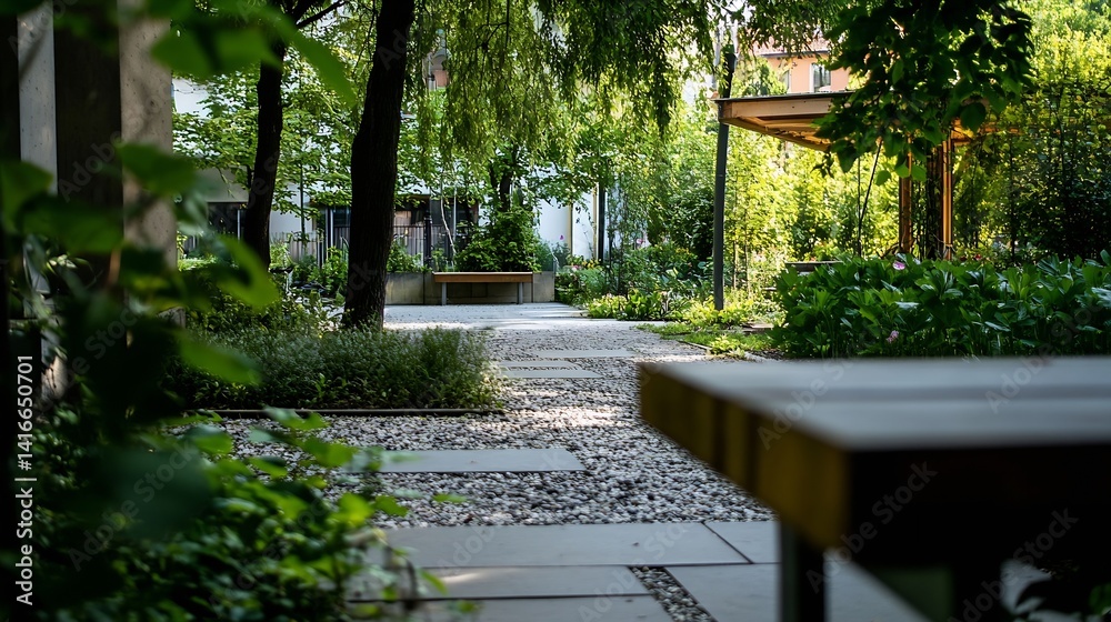 Poster lush green garden pathway surrounded by trees and nature for relaxation : generative ai
