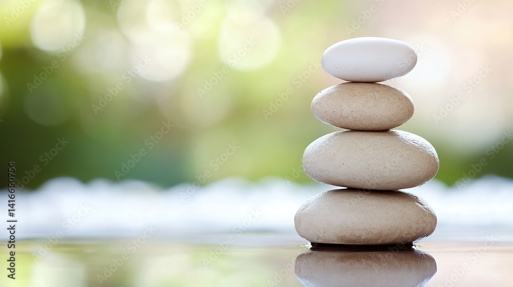 Poster balanced stone stacks on smooth surface symbolizing peace and relaxation for zen inspiration : gener