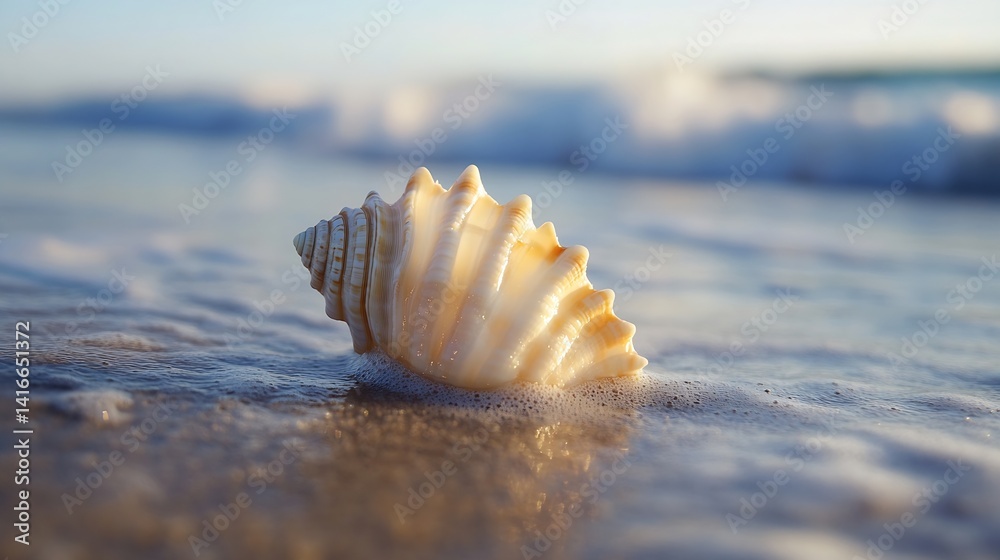 Aufkleber beautiful seashell resting on a sandy beach with gentle waves in the background and soft lighting : 