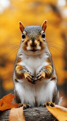 Cute Squirrel Standing on Log with Autumn Leaves and Fall Colors