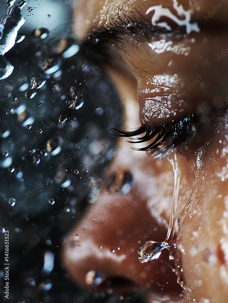 Aufkleber a close up of a person's face with water droplets and tears displaying emotion : generative ai