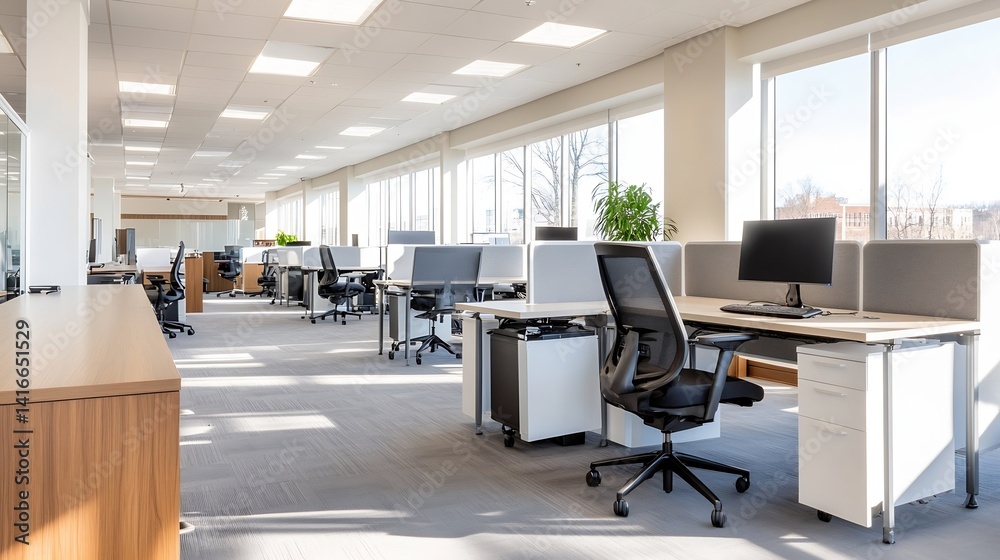 Poster A modern and bright office workspace with desks and large windows : Generative AI