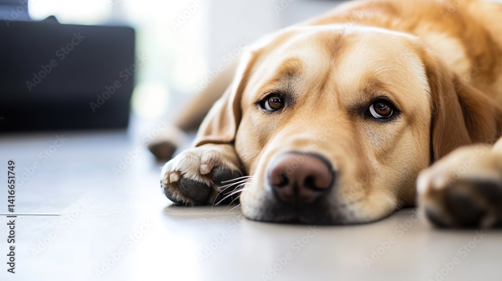 Poster Loyal Labrador Dog Lying on the Floor with Relaxed and Calm Expression : Generative AI