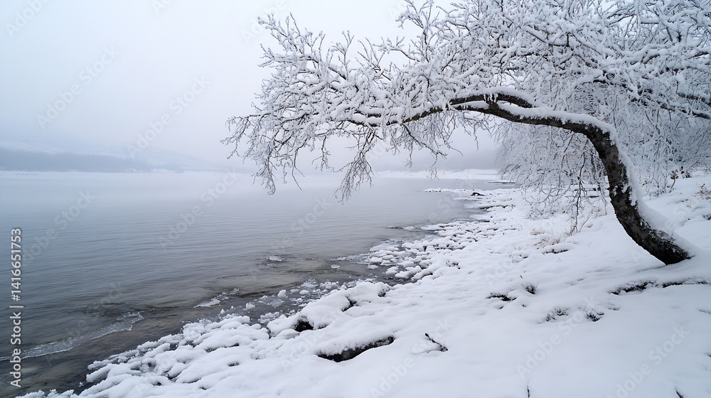 Poster frost covered tree overlooking calm lake in winter landscape : generative ai
