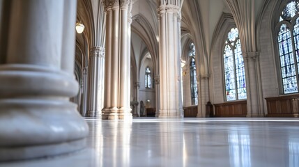 Fototapeta premium Elegant Gothic Architecture Inside Cathedral with High Columns and Stained Glass : Generative AI