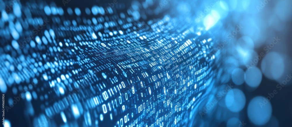 Poster abstract digital stream of binary code in shades of blue illuminating data tunnel depicting advanced