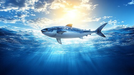 Naklejka premium Majestic ocean predator illuminated by sunlight piercing through the surface waters creating a dramatic deep sea spectacle animal kingdom scene