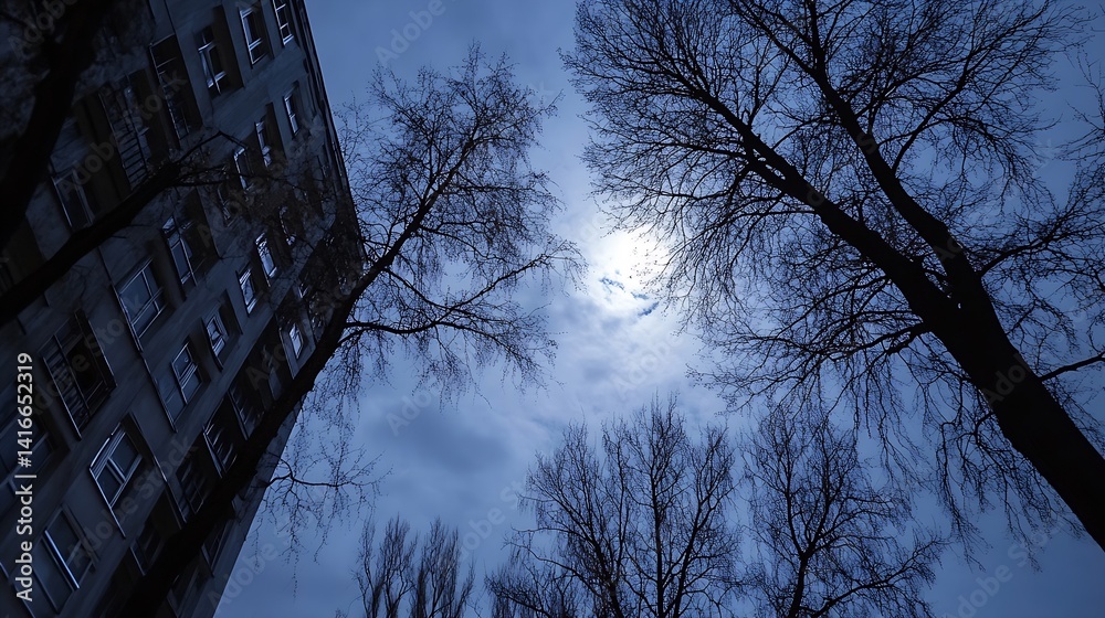 Fototapete creative skyline view with trees framed by building under moody sky : generative ai